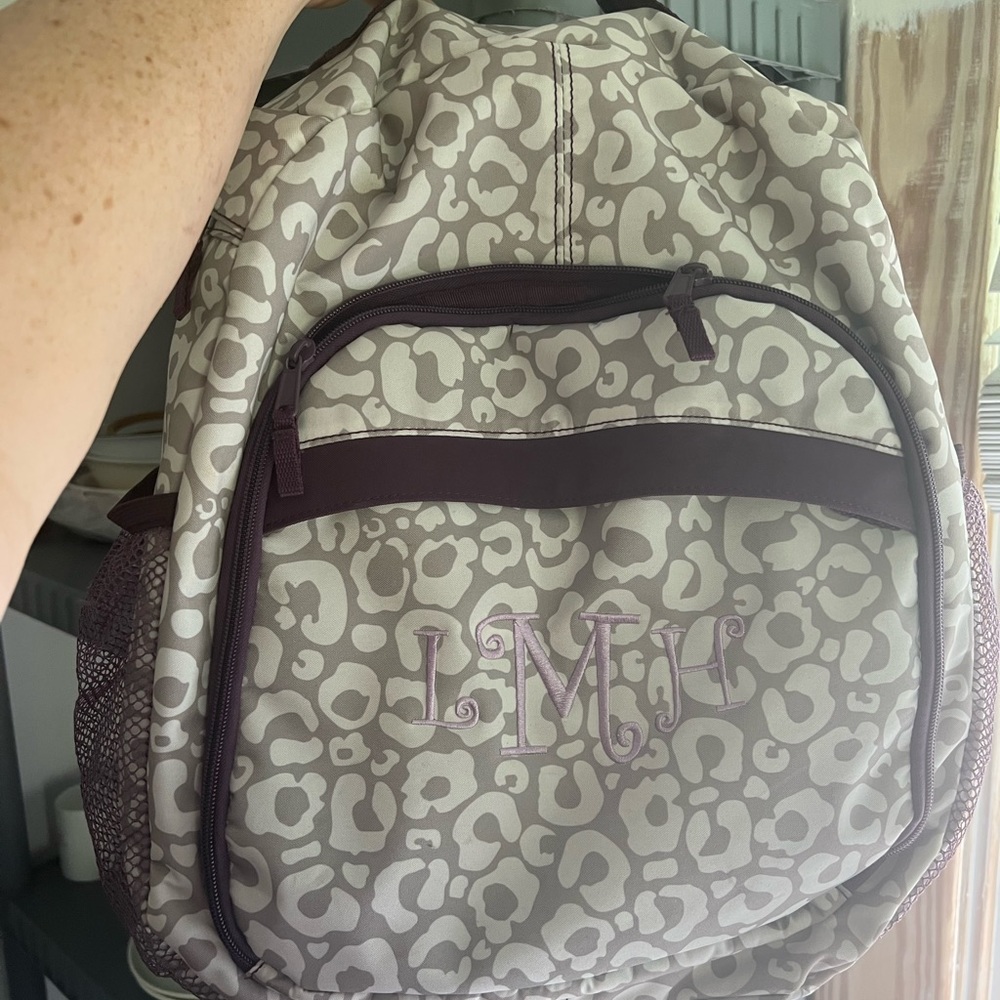 Thirty One Sling Backpack Camera Diaper Bag Say it Taupe and Purple